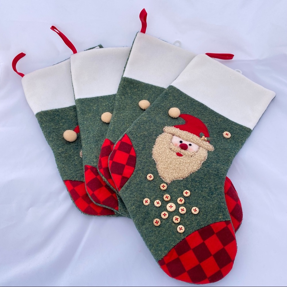 4 Green Embellished Santa Christmas Stockings, Christmas Socks, Xmas Stocking